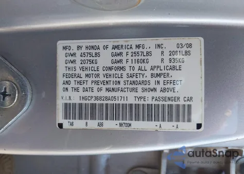 2008 Honda Accord 3.5 Ex-L from USA, damaged, VIN 1HGCP36828A051711